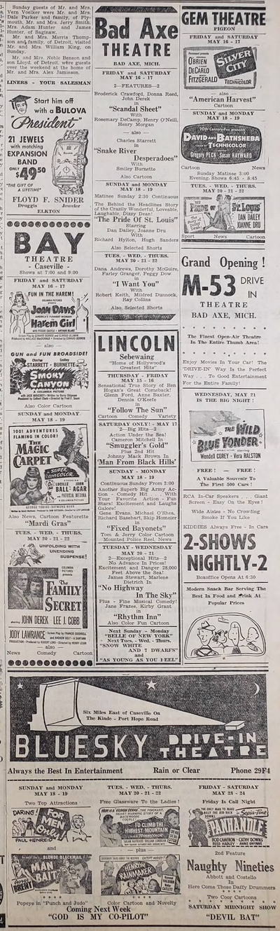 M-53 Drive-In Theatre - Pigeon Progress Fri May 16 1952 Theater Ads (newer photo)